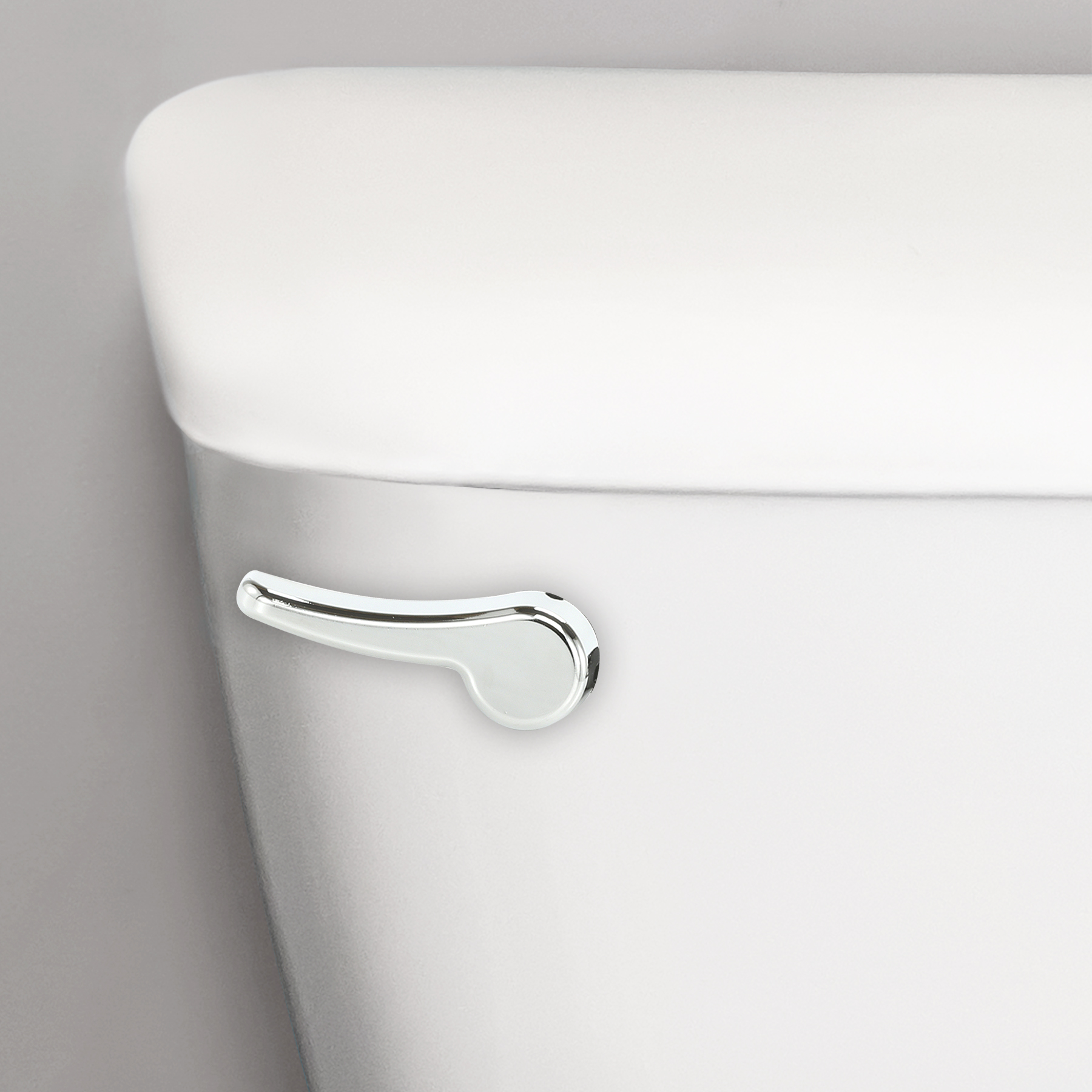 Chrome toilet flush handle on a toilet tank