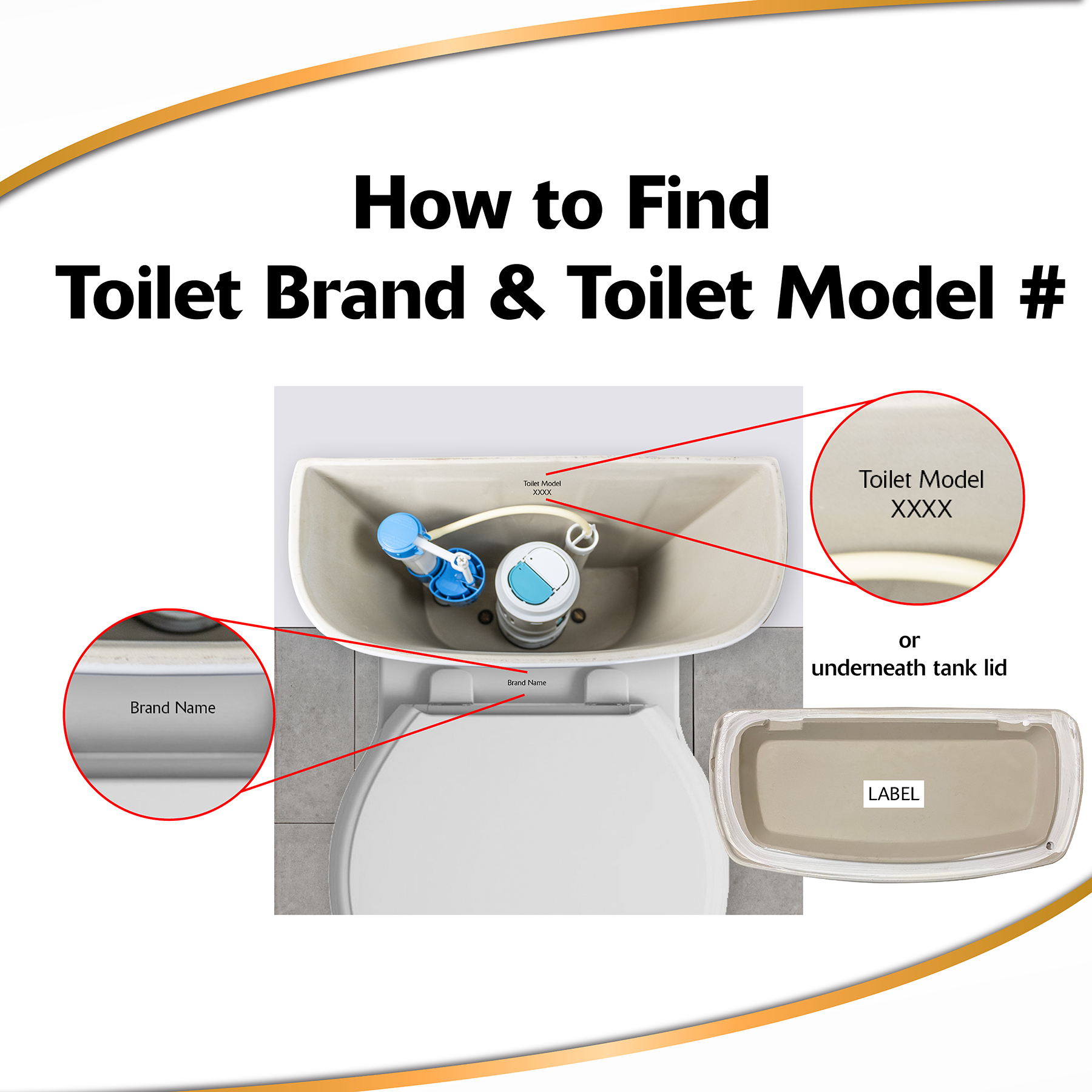 this image describes how to find where your toilet brand and model number are located on the toilet