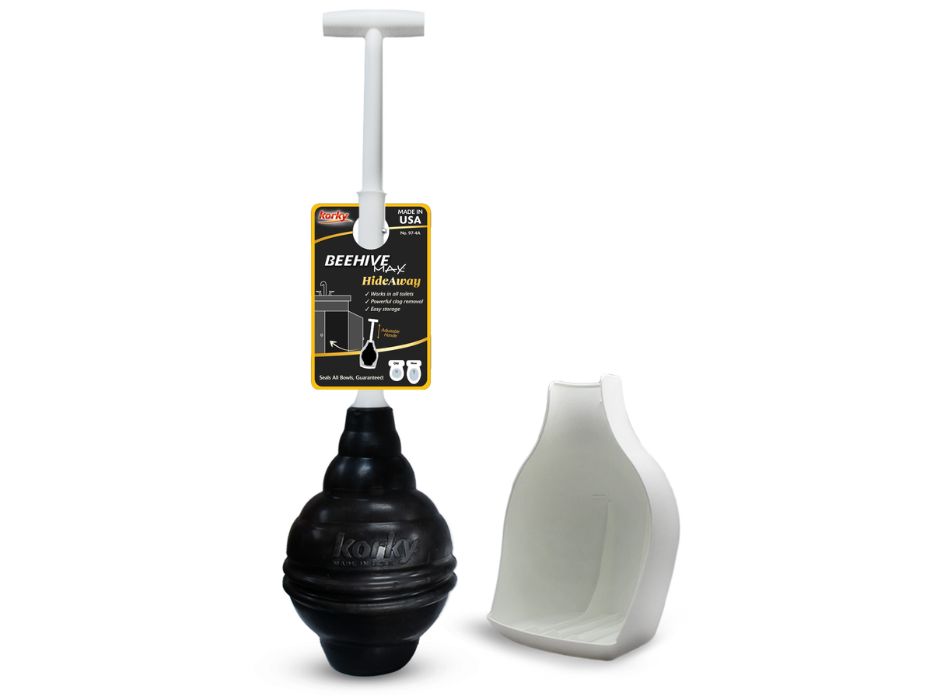 this image shows the beehive max hideaway toilet plunger and holder